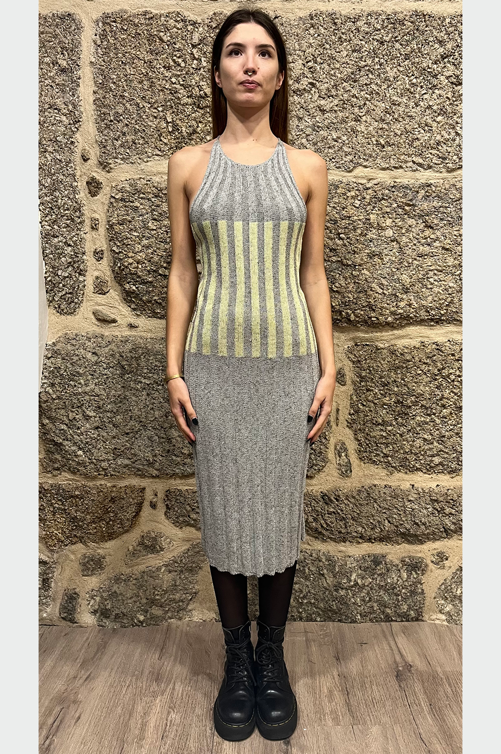 Hand knit summer dress in grey, green and a touch of shine image 2