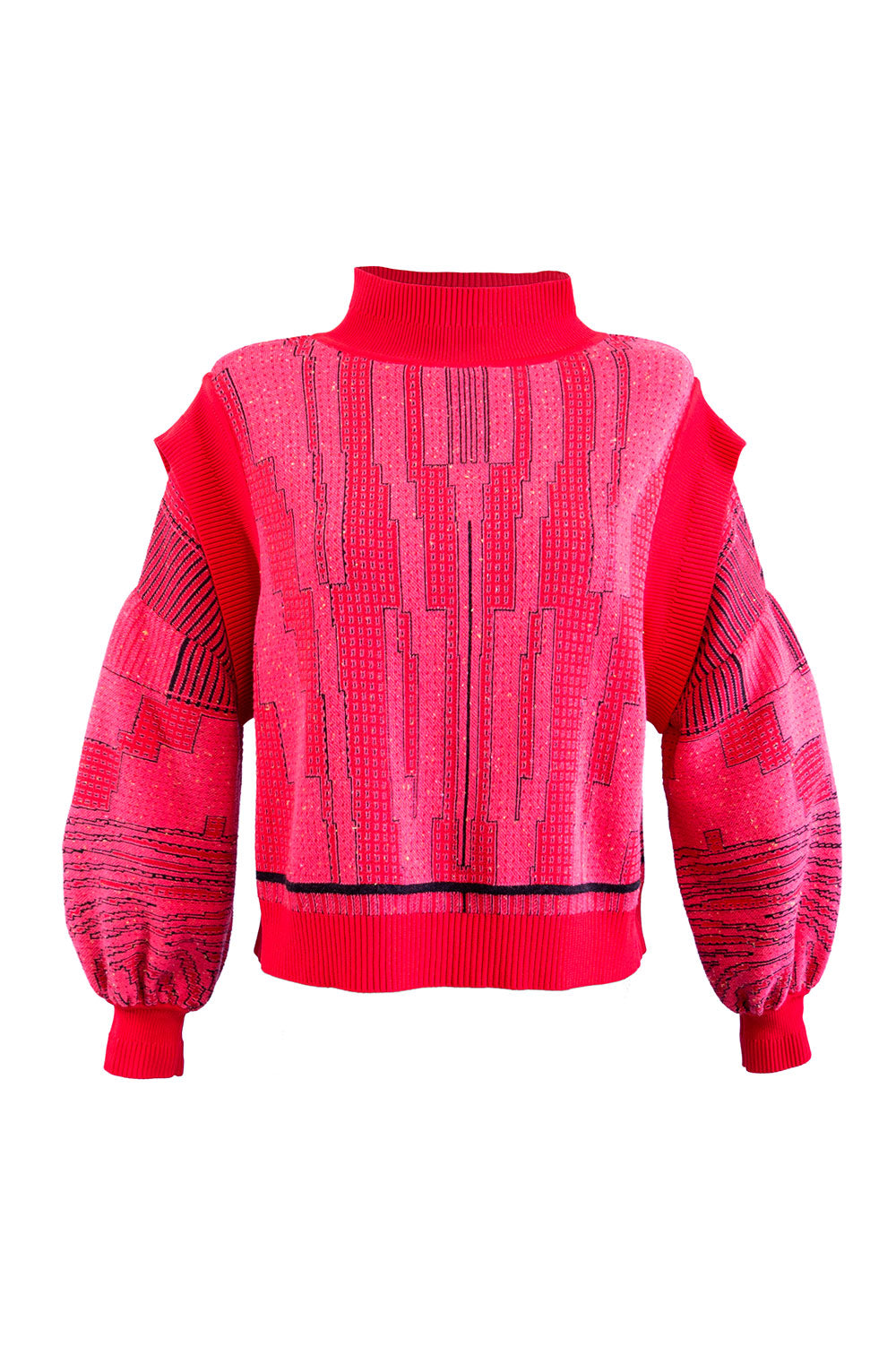JACQUARD PINK, RED AND BLACK SWEATER WITH SHOULDER DETAILS image 2