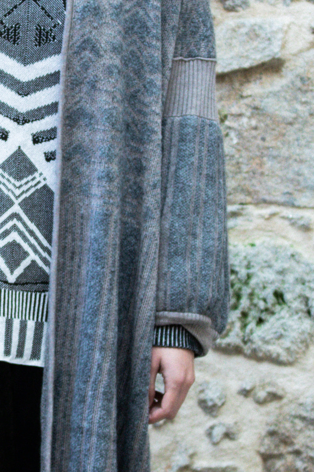 KNITWEAR JACQUARD KIMONO IN GREY AND BEIGE WITH LONG SLEEVES image 1
