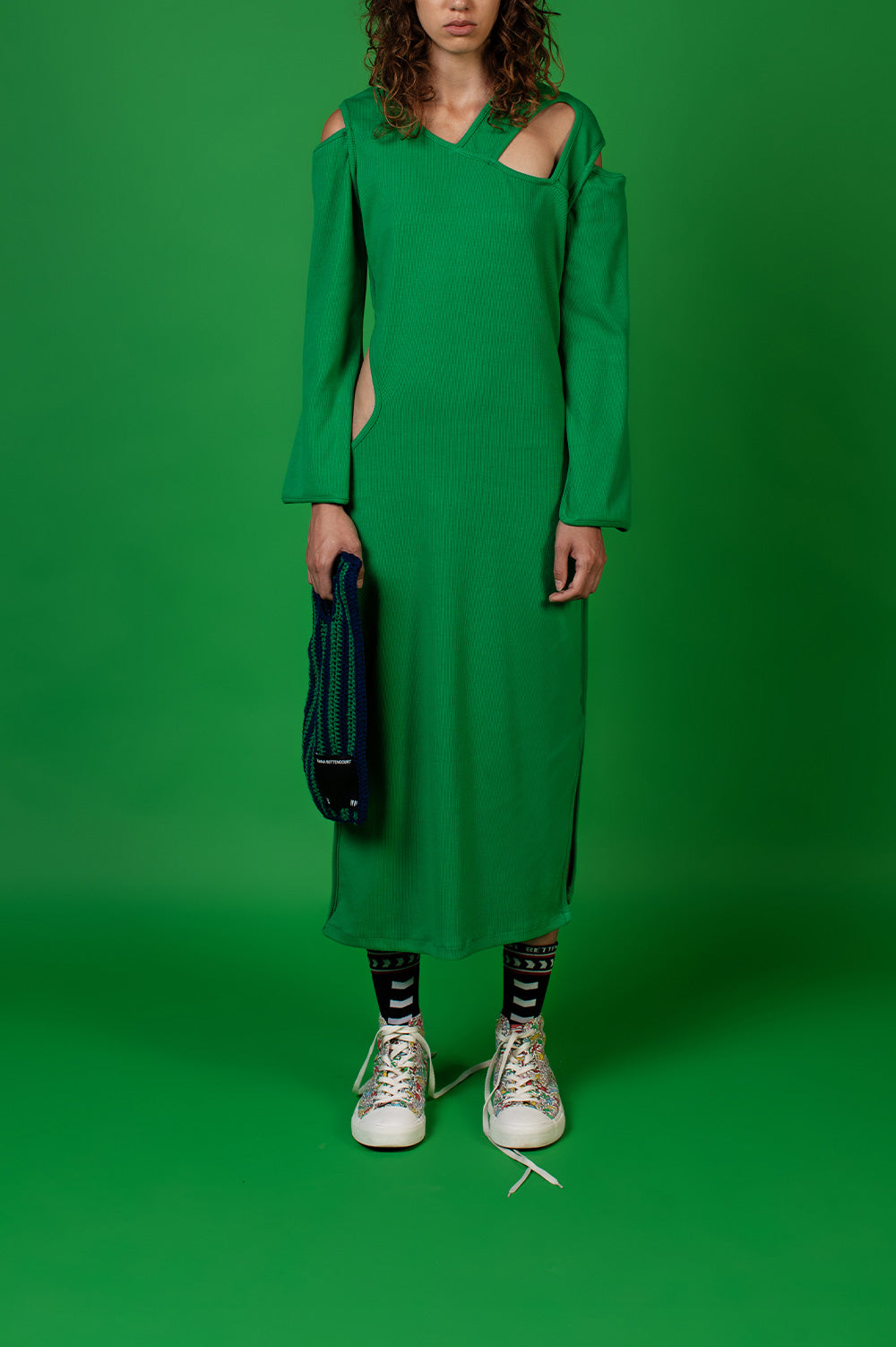 KNITWEAR RIB DRESS IN GREEN WITH ASYMMETRICAL NECKLINE image 0