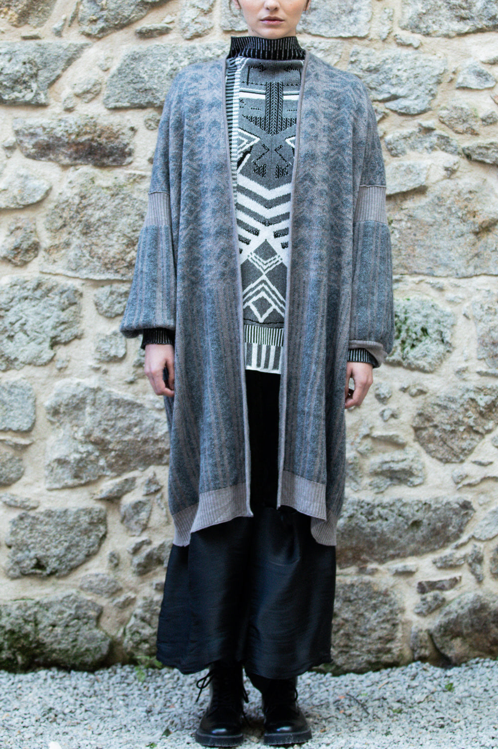 KNITWEAR JACQUARD KIMONO IN GREY AND BEIGE WITH LONG SLEEVES image 0