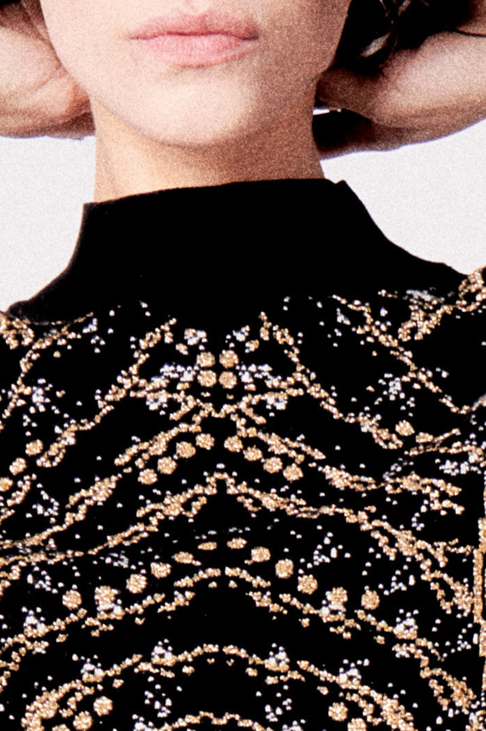 SKINNY GOLD AND BLACK JACQUARD SWEATER WITH NECK CUT-OUT image 1