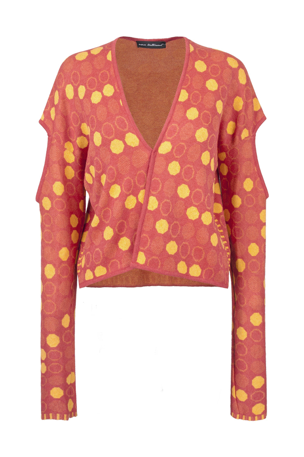 KNITWEAR JACQUARD DOTS PRINT CARDIGAN IN RED WITH SHOULDER CUTOUT image 1
