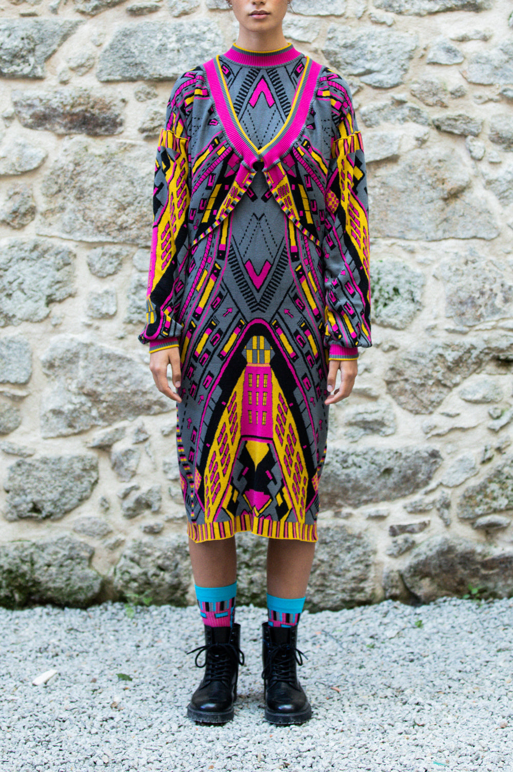 KNITWEAR JACQUARD DRESS IN PINK, YELLOW, BLACK AND GREY image 0