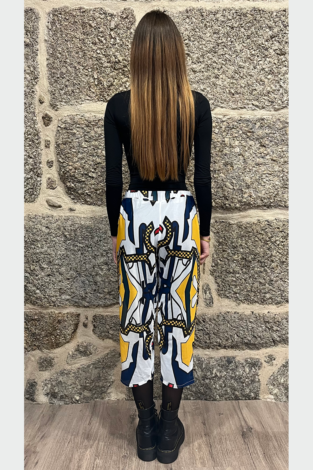 transparent trousers with vintage pattern and elastic waist image 4