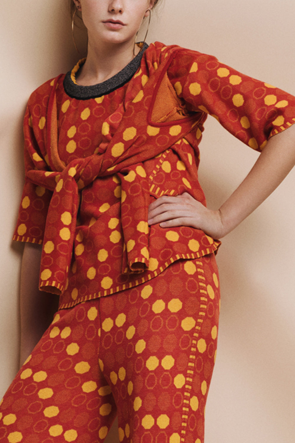 KNITWEAR JACQUARD DOTS PRINT CARDIGAN IN RED WITH SHOULDER CUTOUT image 0