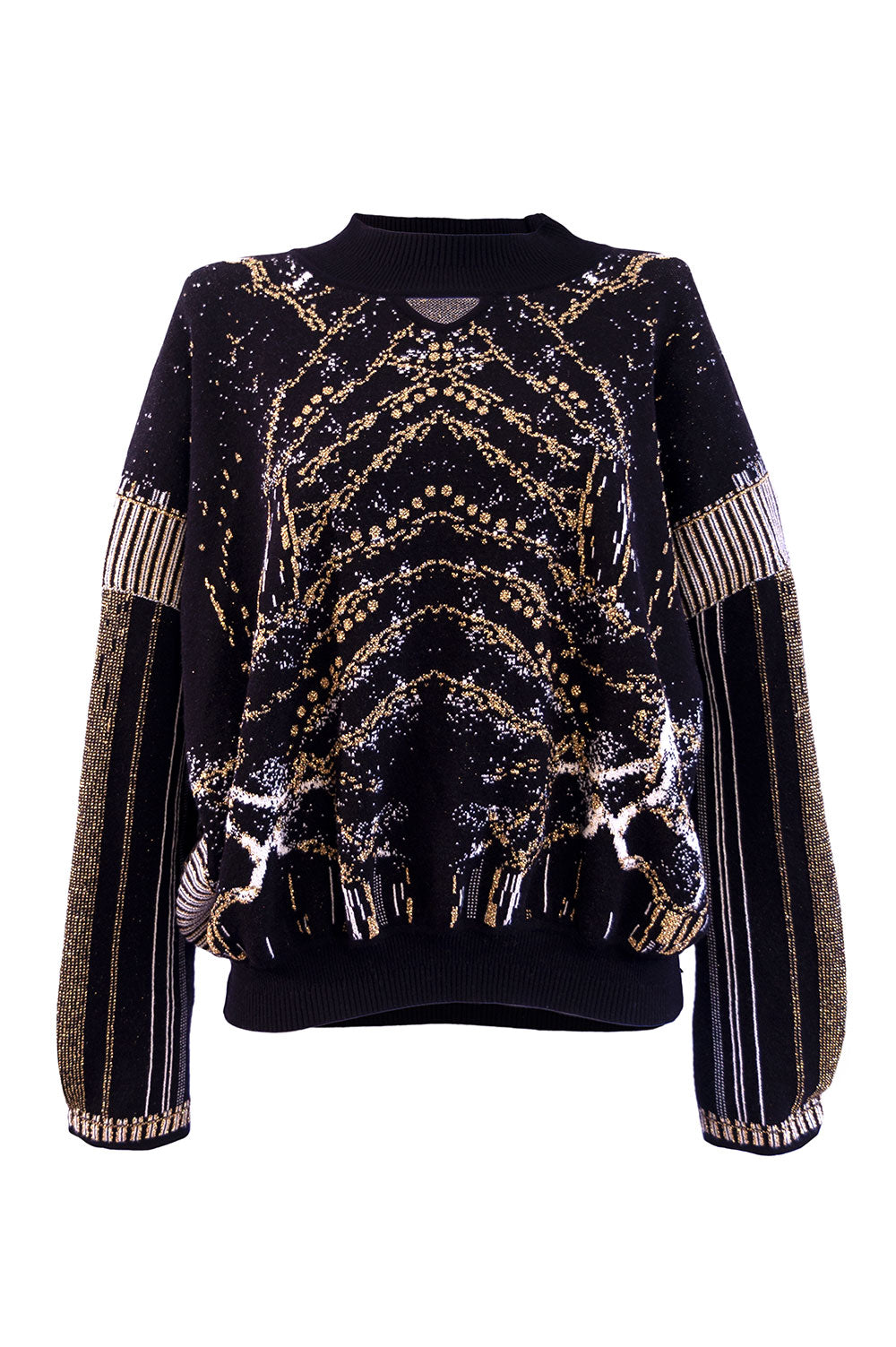 SKINNY GOLD AND BLACK JACQUARD SWEATER WITH NECK CUT-OUT image 3