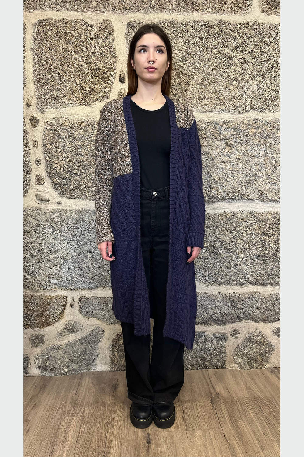 Assymetrix knit jacket with long sleeves in dark blue and brown image 2