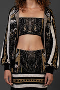 Gold jacquard knitted cardigan with black trimming image 0