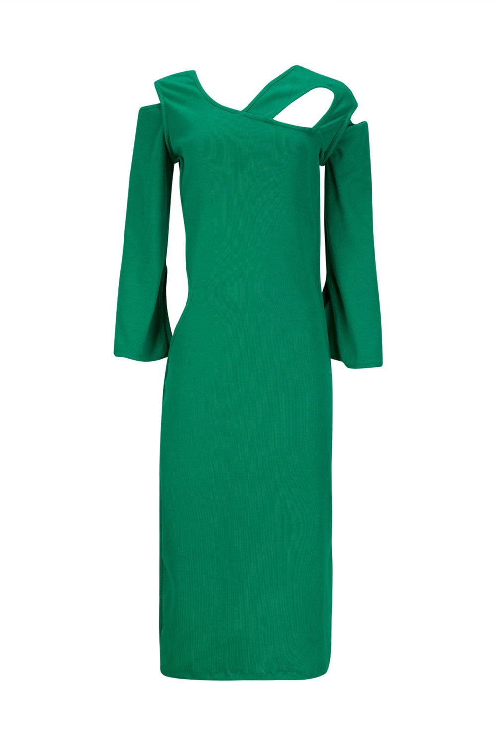 KNITWEAR RIB DRESS IN GREEN WITH ASYMMETRICAL NECKLINE image 2