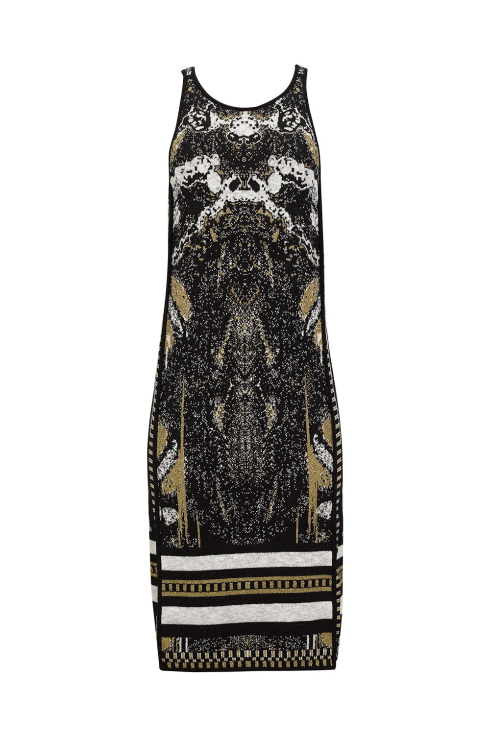 Shinny gold jacquard knitted dress with black trimming detail image 1