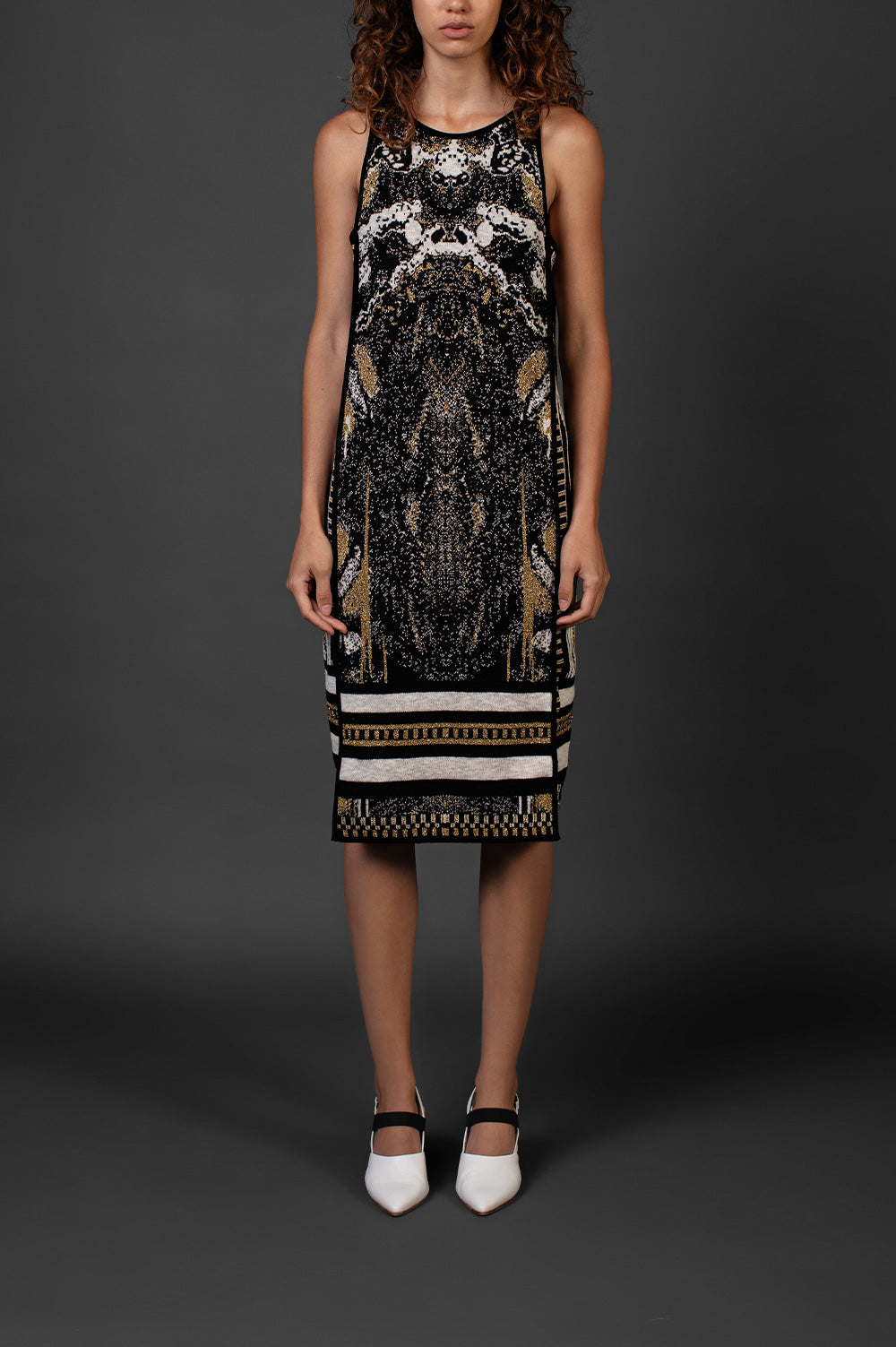 Shinny gold jacquard knitted dress with black trimming detail image 0