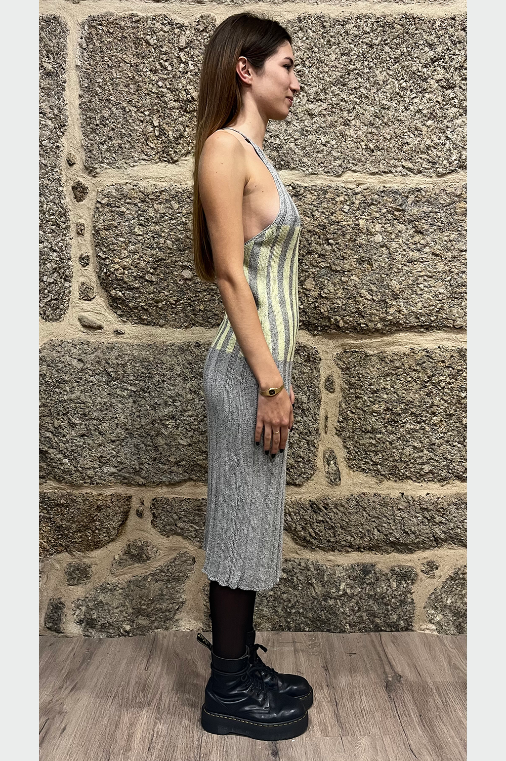 Hand knit summer dress in grey, green and a touch of shine image 3