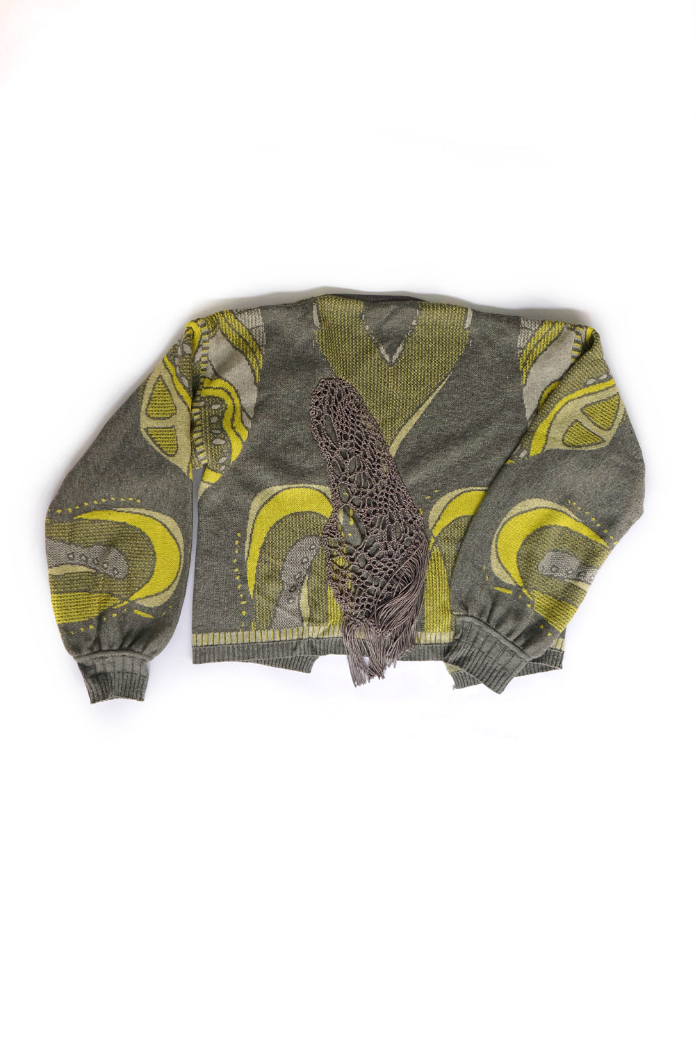 KNITWEAR JACQUARD SHORT KIMONO IN WHITE, GREY AND YELLOW WITH BOBBIN LACE APPLICATION ON THE BACK image 0