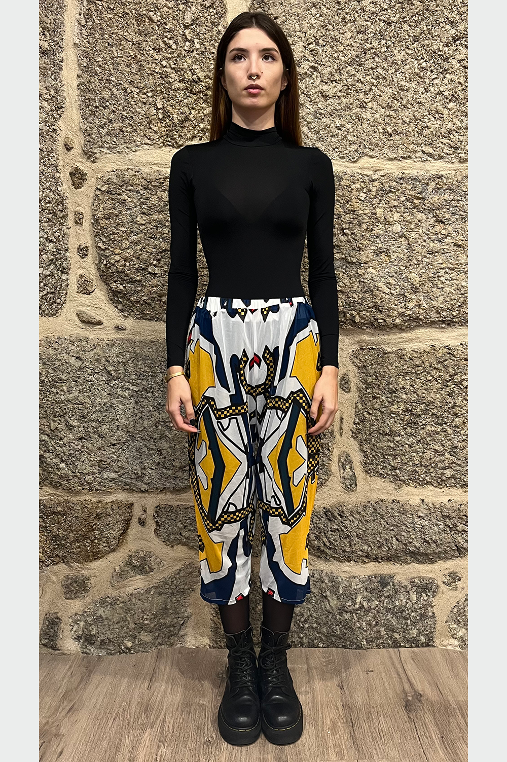 transparent trousers with vintage pattern and elastic waist image 2