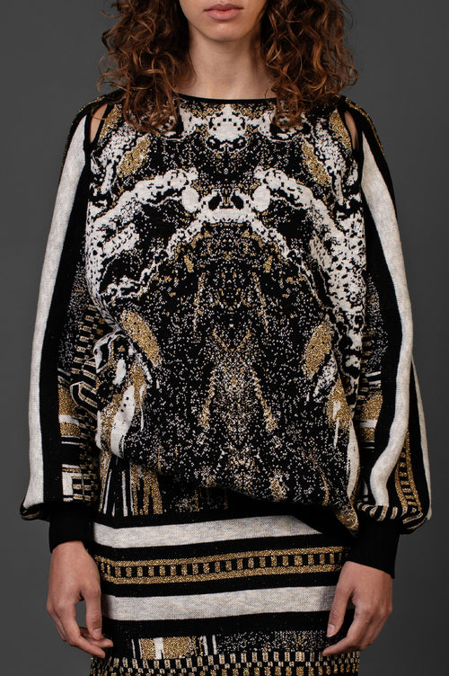 BLACK AND GOLD SWEATER WITH BLACK CUT OUT PIPPING DETAIL image 0