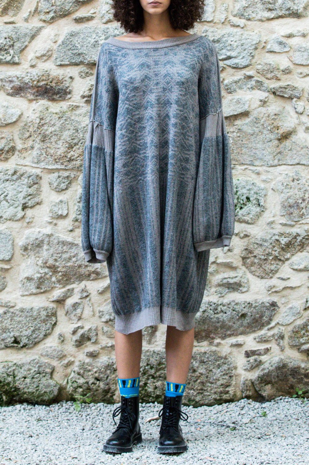 KNITWEAR JACQUARD LONG DRESS IN GREY AND BEIGE image 0