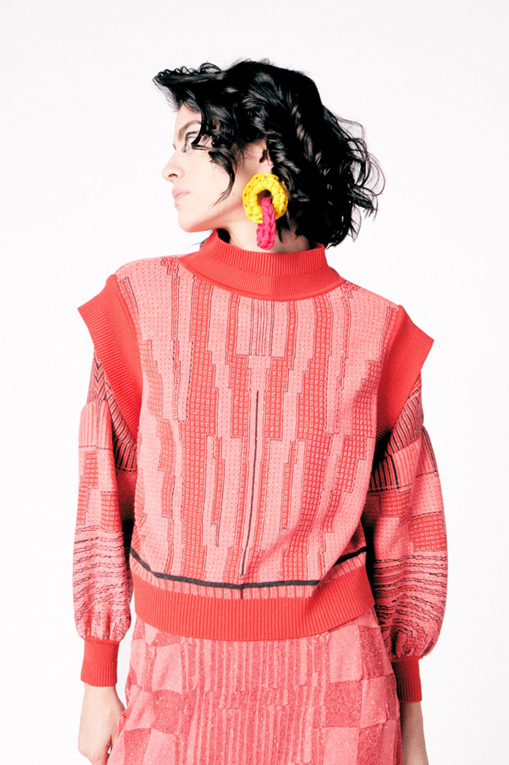 JACQUARD PINK, RED AND BLACK SWEATER WITH SHOULDER DETAILS image 0