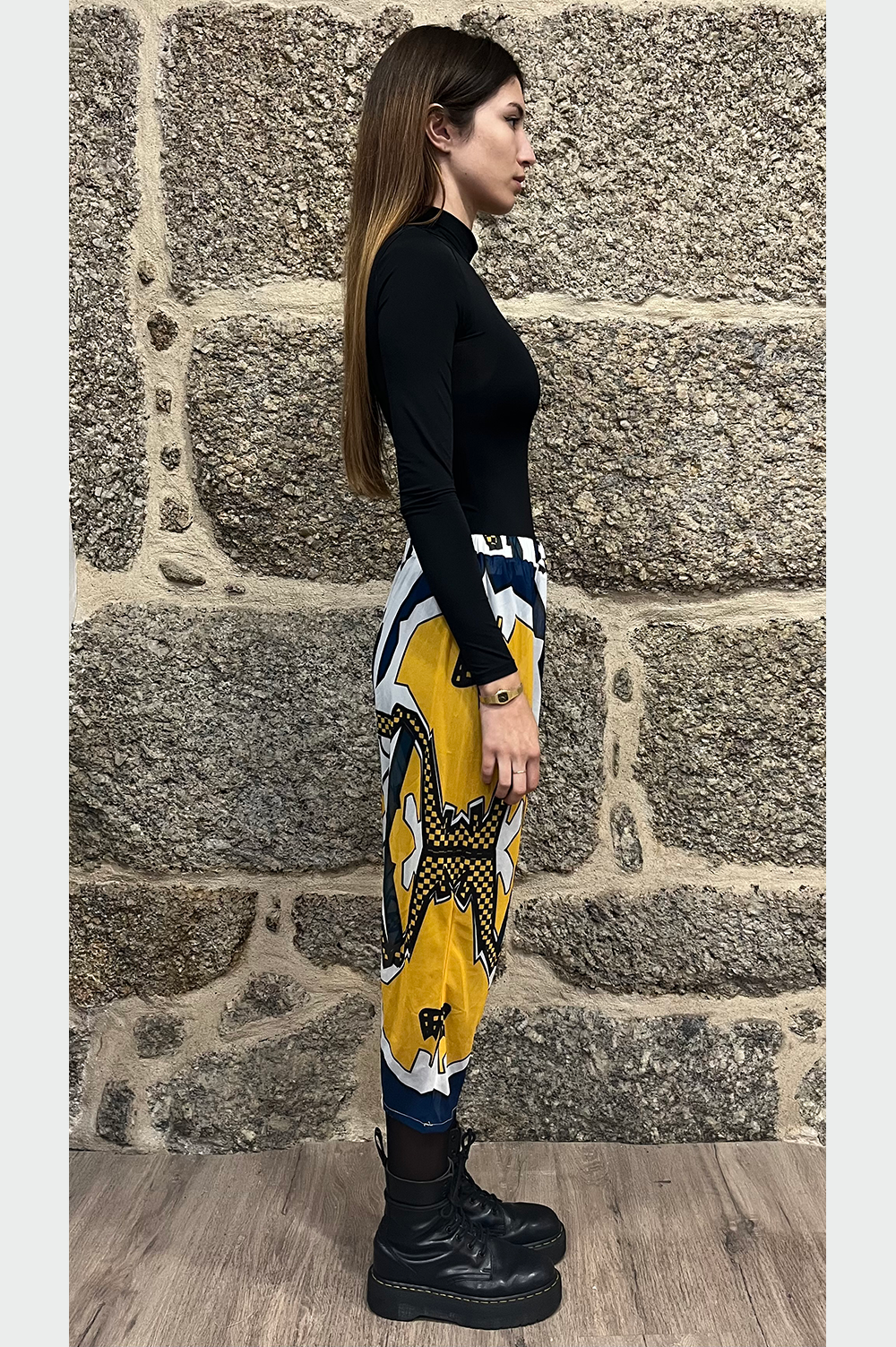 transparent trousers with vintage pattern and elastic waist image 3