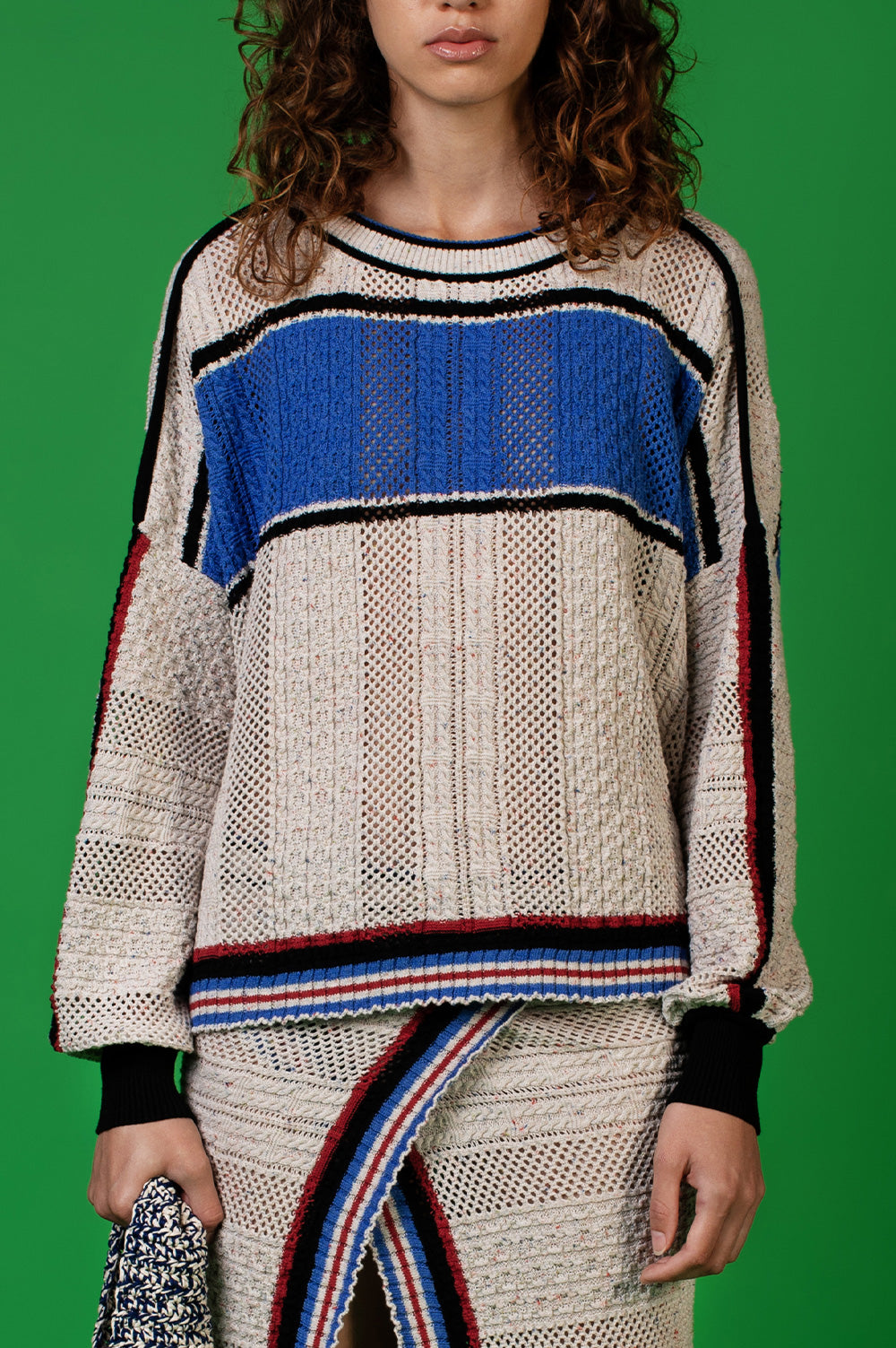 TUCK STRUCTURED KNITWEAR SWEATER IN BEJE WITH STRIPES image 2