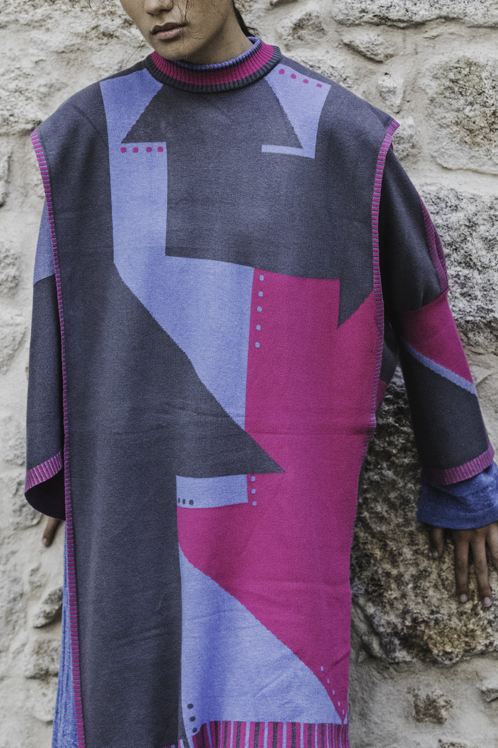 Jacquard Knitwear Poncho In Pink, Blue And Grey image 0