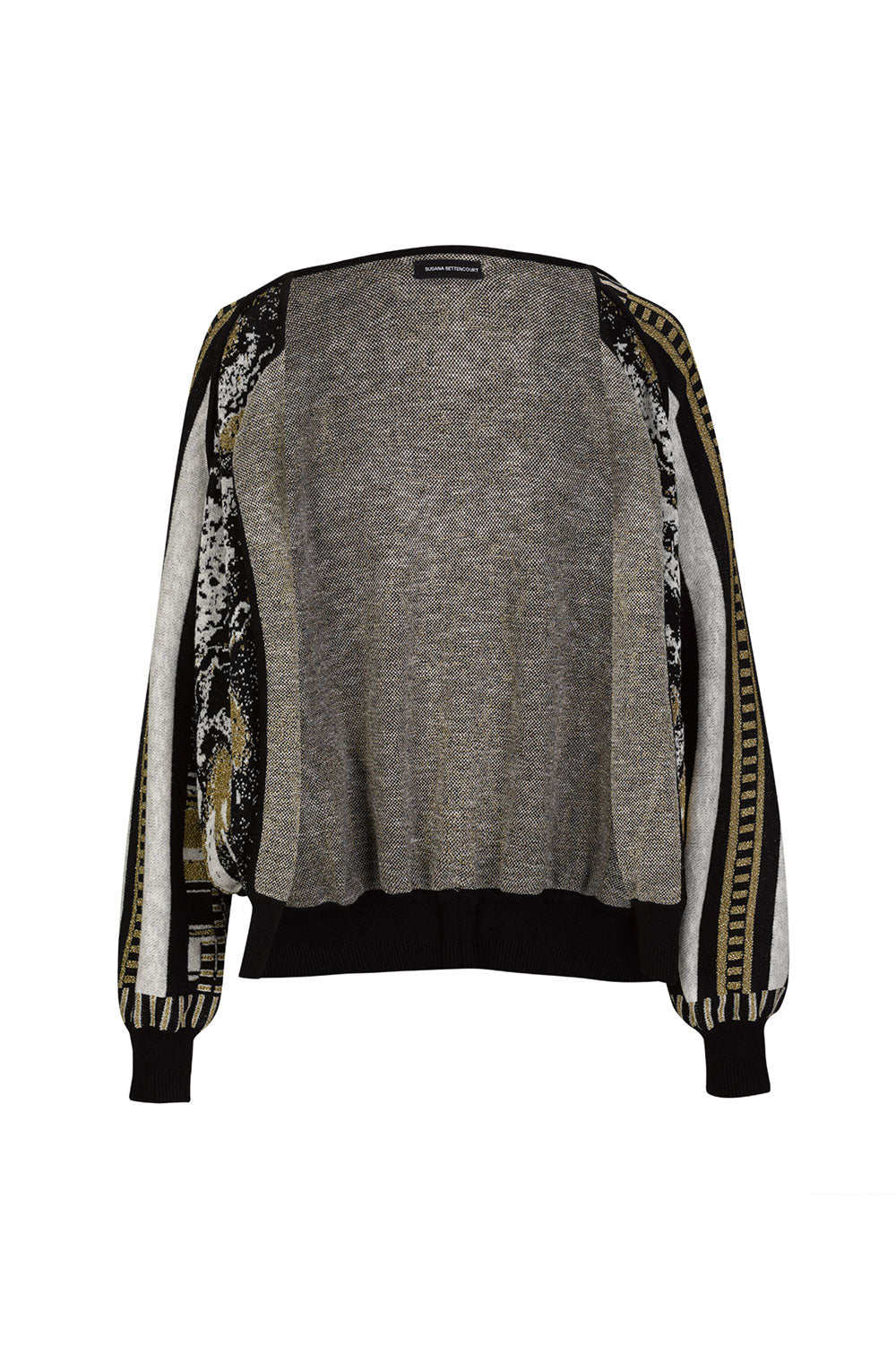 Gold jacquard knitted cardigan with black trimming image 2