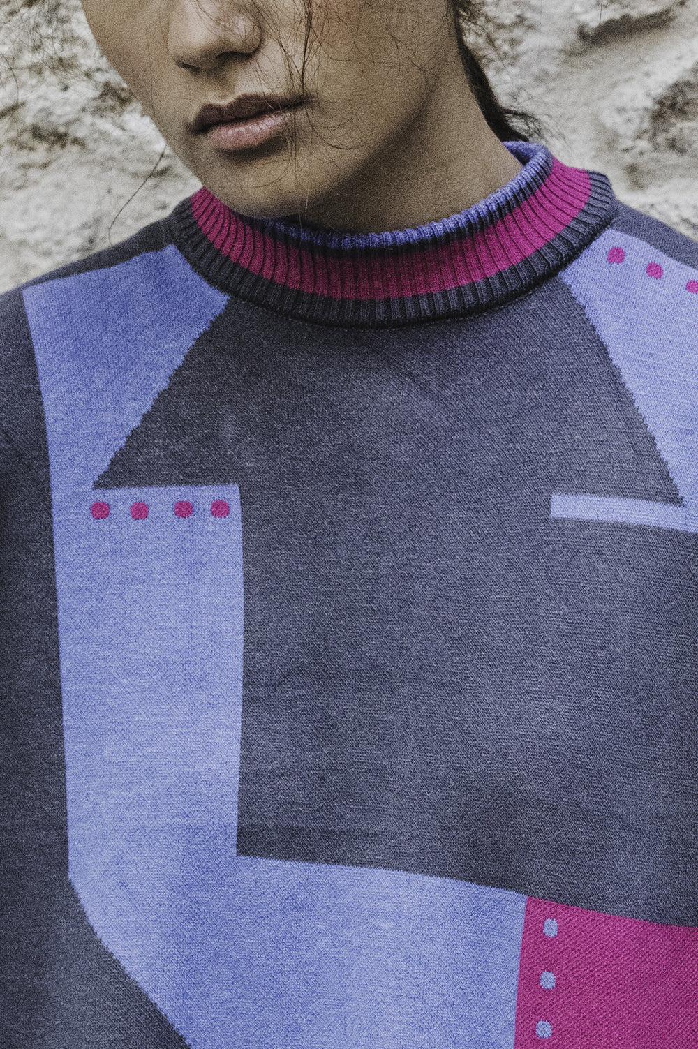 Jacquard Knitwear Poncho In Pink, Blue And Grey image 1