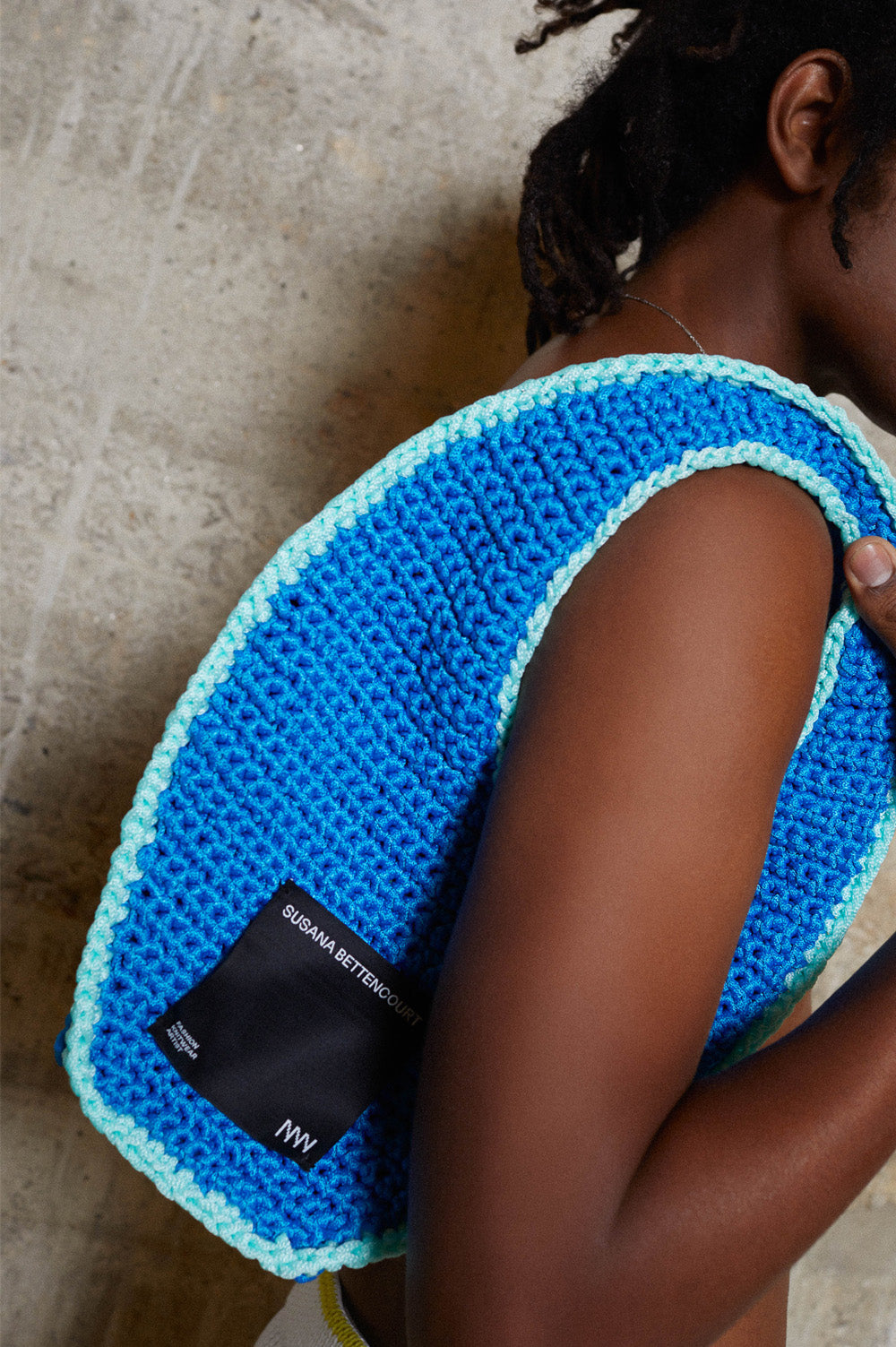 oval blue crochet bag with baby blue finishing image 0