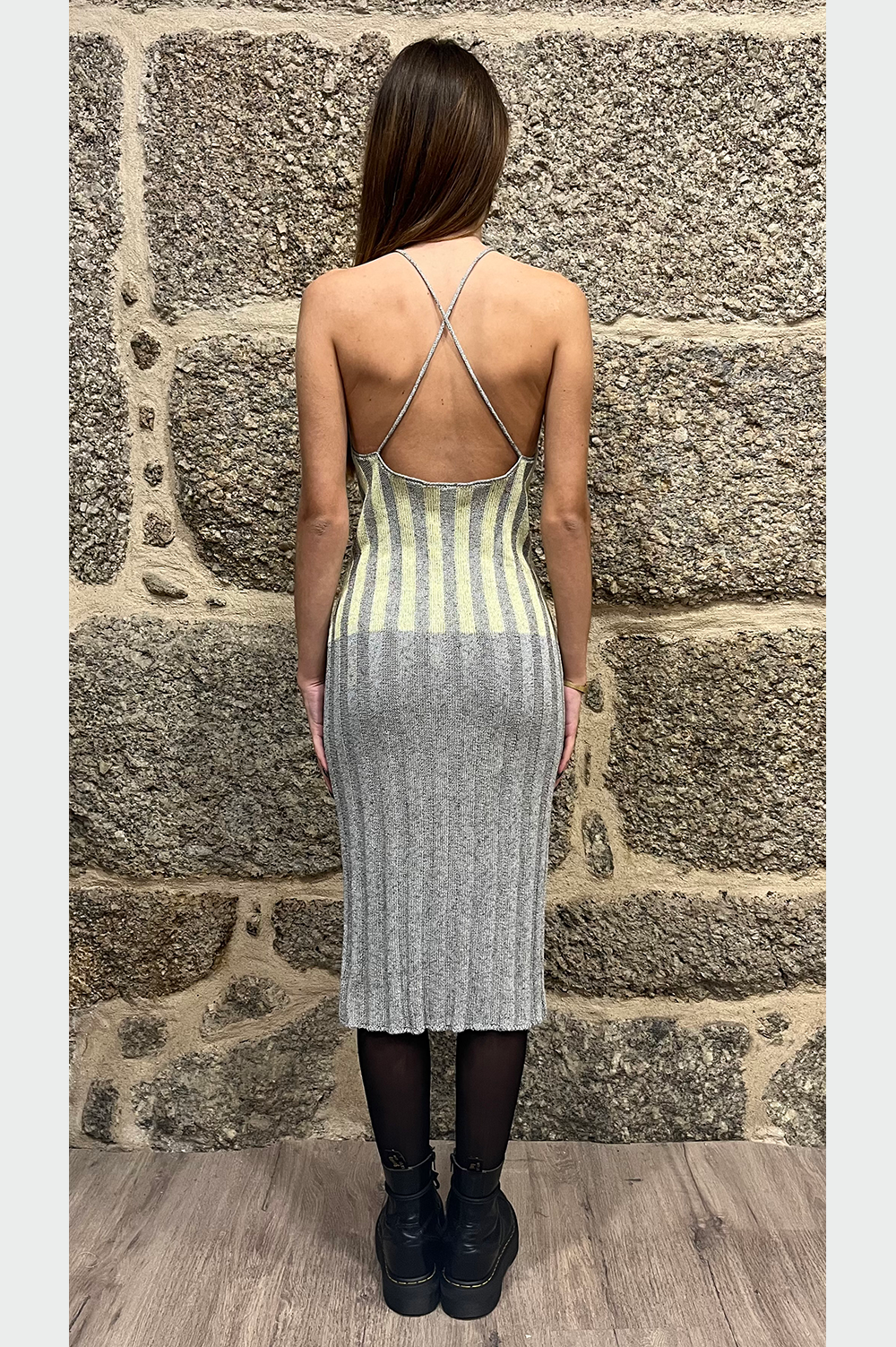 Hand knit summer dress in grey, green and a touch of shine image 4