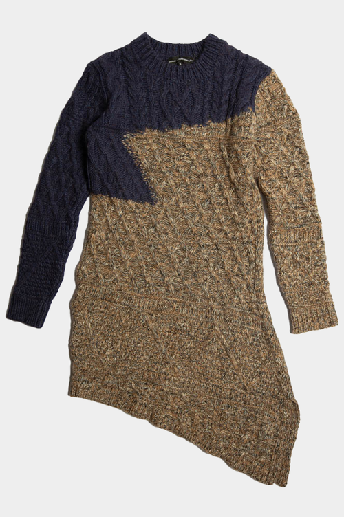 Assymetrix knit dress with long sleeves in dark blue and brown image 0