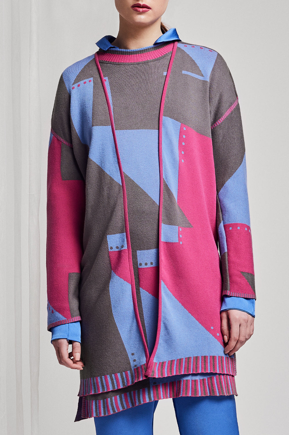 Knitwear Jacquard KIMONO in pink, blue and grey with long sleeves image 0