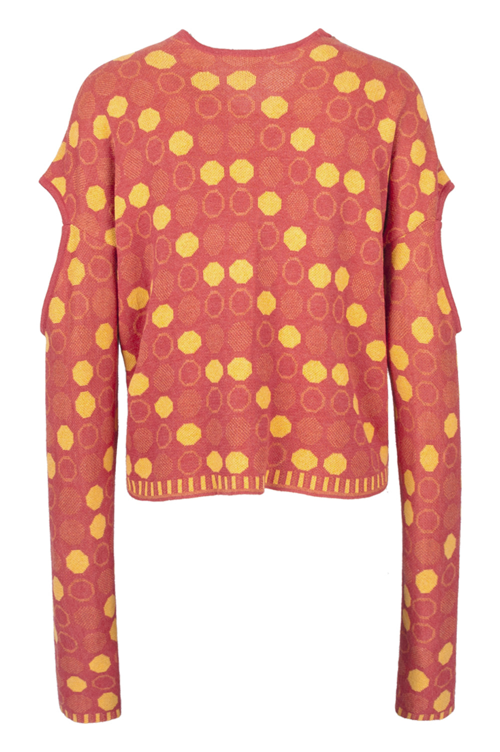 KNITWEAR JACQUARD DOTS PRINT CARDIGAN IN RED WITH SHOULDER CUTOUT image 2