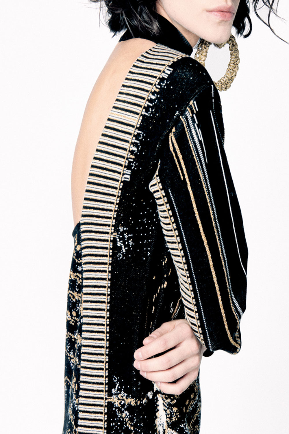 OPEN-BACK GOLD AND BLACK JACQUARD PARTY DRESS image 1